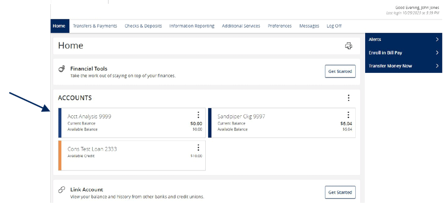 Home page showing accounts that are available to select from.