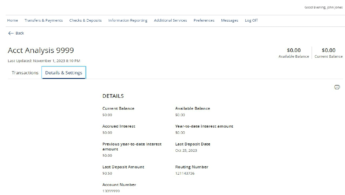 Chosen account and the Details available to view after selecting Details & Settings.