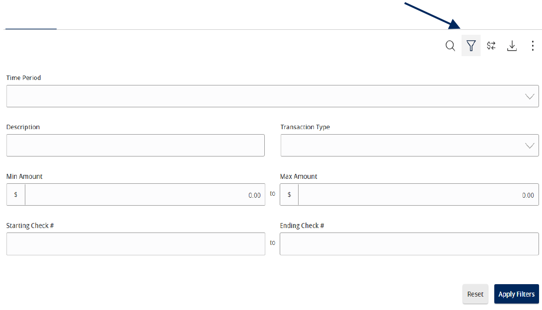 Transaction filters panel with fields for time period, description, transaction type, amount range, check number range, Apply Filters button, and Reset button.