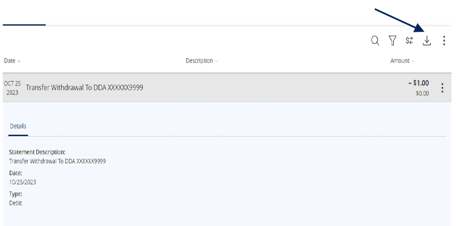 Transfer Withdrawal row with the Export icon.