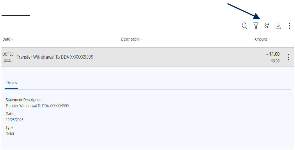 Transfer Withdrawal row with the Options icon.