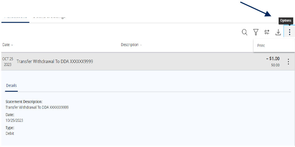 Transfer Withdrawal row with the Options icon.