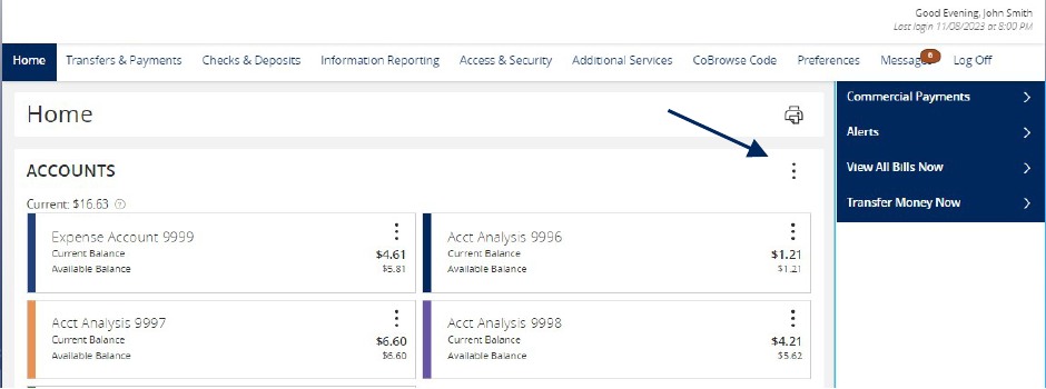 Home page showing accounts that are available, and the Options Icon.