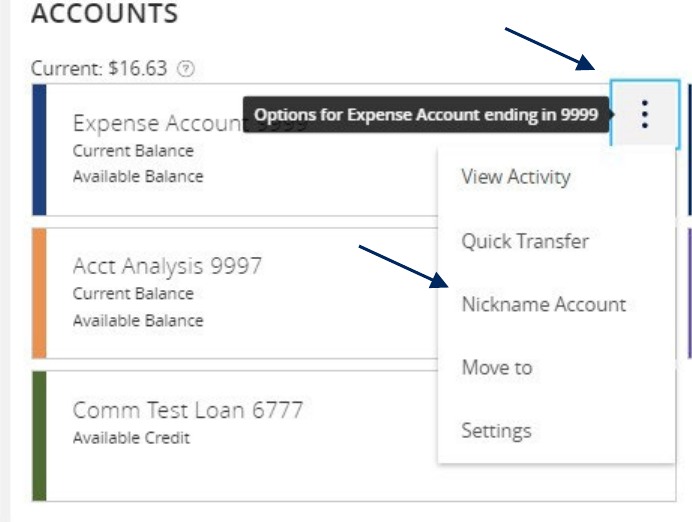 Accounts list with Options menu open to Nickname Account.