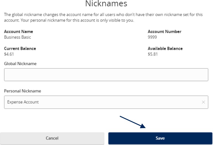 Nicknames, Account Name, Current Balance, Account Number and Available Balance as well as a field for Global Nickname, Personal Nickname and then the blue Save button.