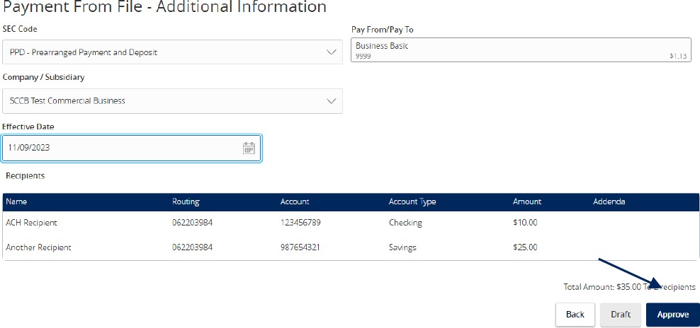 Payment From File - Additional Information showing SEC Code, Pay From/Pay To, Company/Subsidiary, Effective date, a list of recipients, and Approve.