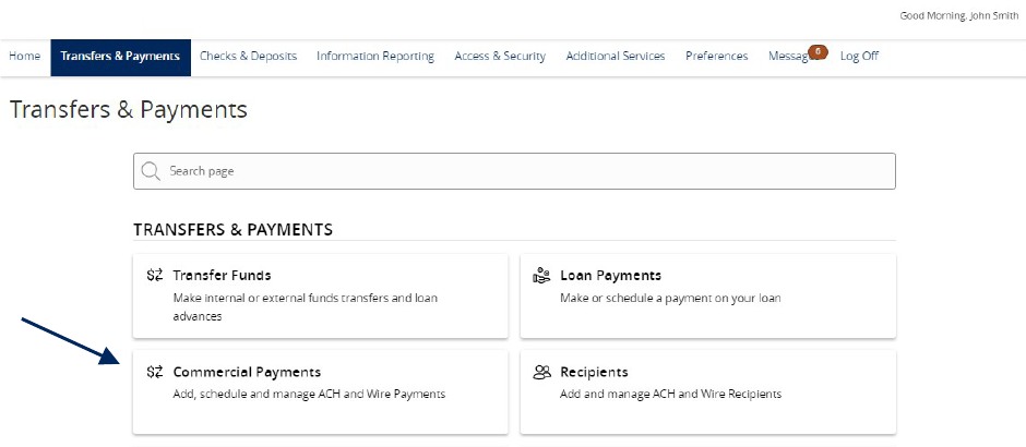 Transfers and Payments menu showing Commercial Payments.