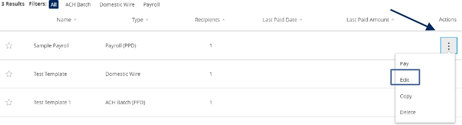 Results list with the Template Actions icon and Edit option.