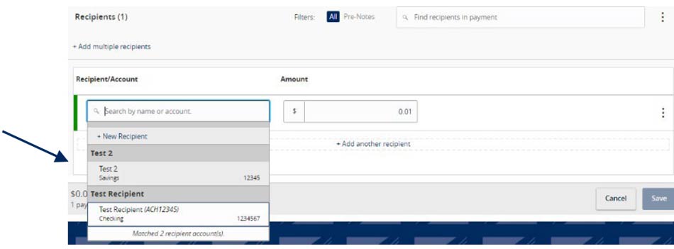 Recipients and the desired recipient's account within the dropdown menu.