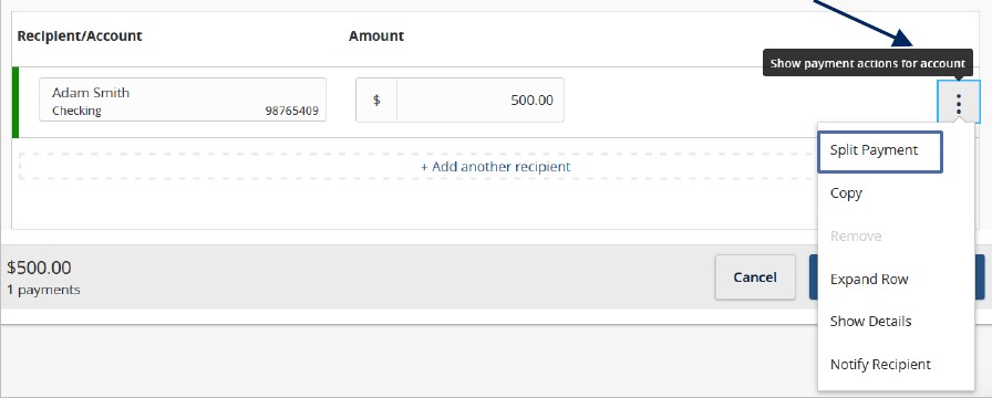 Recipient account row with Show Payment Actions menu open to Split Payment, Copy, Expand Row, Show Details, and Notify Recipient options.