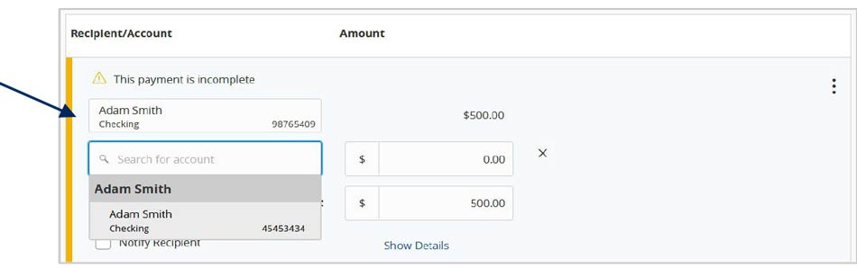 Recipient/Account and the recipient's secondary account from a drop-down list of accounts, with a field to insert a desired $ amount.