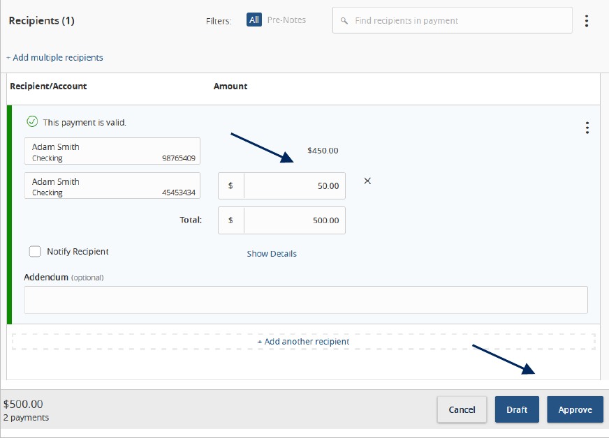 Recipients section with secondary account allocation amount and Draft or Approve options.