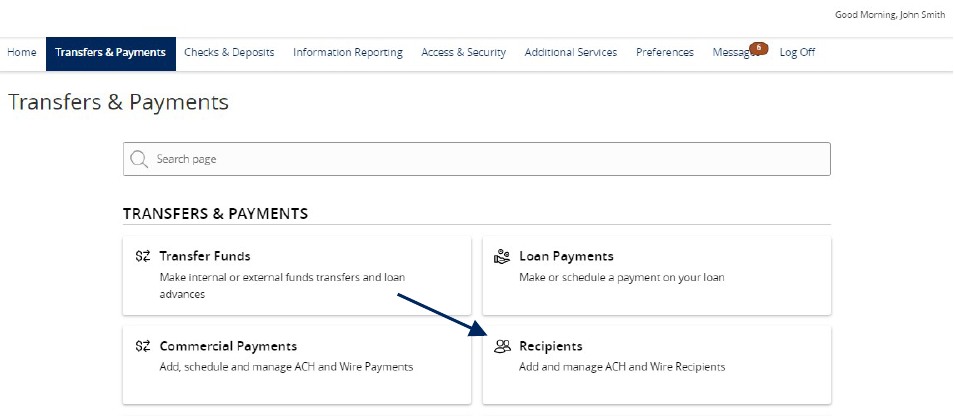 Transfers and Payments menu showing Recipients.
