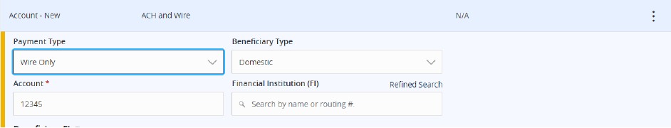 Beneficiary showing Name, Country, FI ABA Number, Address, City, State, Postal Code, and the same fields for the Intermediary FI. All fields are marked with a required asterisk and the check mark.