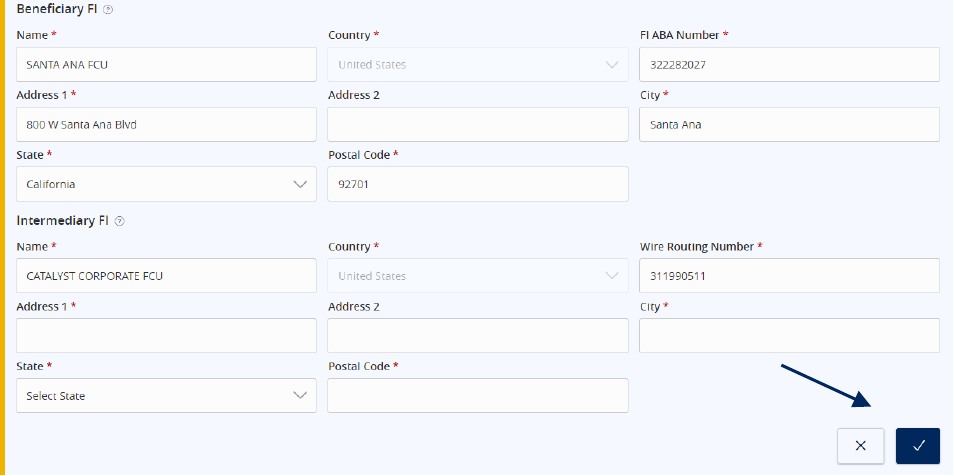 Beneficiary showing Name, Country, FI ABA Number, Address, City, State, Postal Code, and the same fields for the Intermediary FI. All fields are marked with a required asterisk and the check mark.