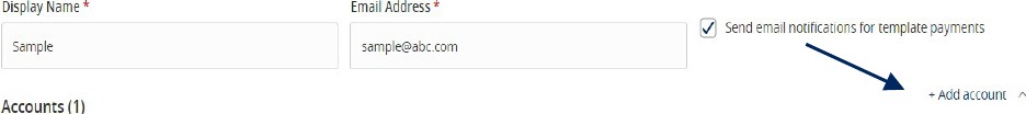 Add Account option next to required Display Name and Email Address fields.