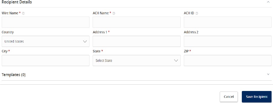 Recipient Details form with required fields for Wire Name, ACH Name, ACH ID, country, address, city, state, zip, and the Save Recipient button.