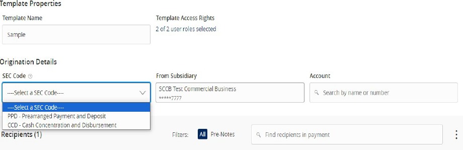 Template Properties and an SEC code, under the heading Origination Details.