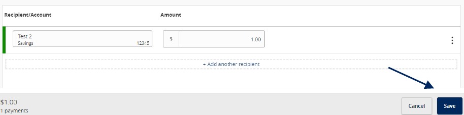 Recipient Accounts section with amount field and Save button.