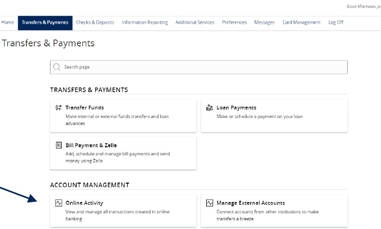 Transfers and Payments menu showing Online Activity, which is under the heading Account Management.