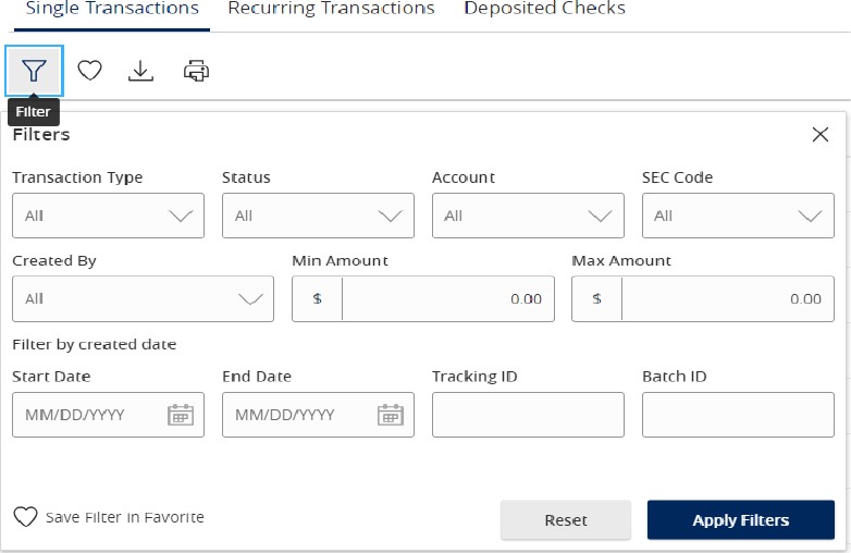 Single Transactions filters panel with transaction type, status, account, SEC code, created by, amount range, date range, tracking ID, and batch ID fields.