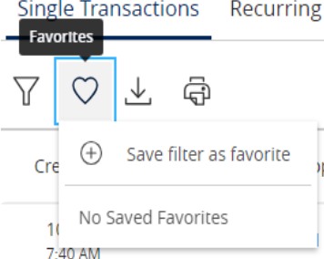 Single Transactions toolbar with the heart icon that opens the Save filter as favorite dropdown.
