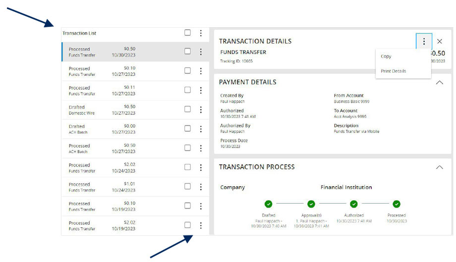Results of a Transaction List, showing Actions icon at the top right.