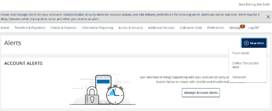 New Alert dropdown with Fiserv Notifi, Online Transaction Alert, and Reminder options.