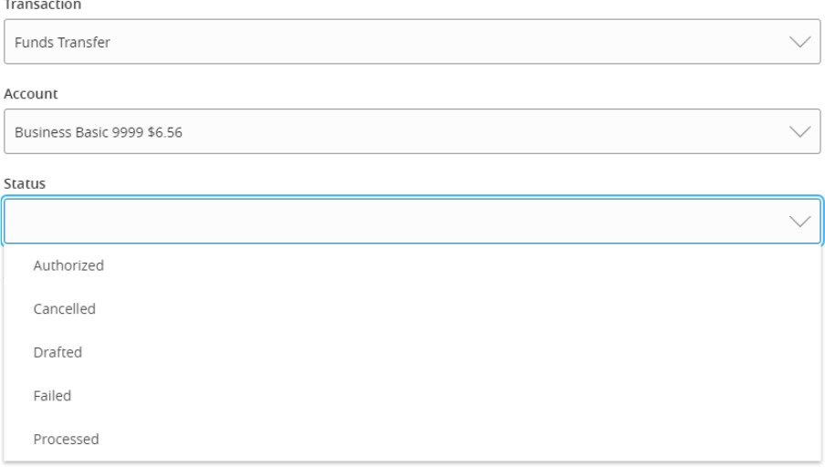 Selected transaction alert form with Account and Status dropdowns, including Authorized, Cancelled, Drafted, Failed, and Processed status options.