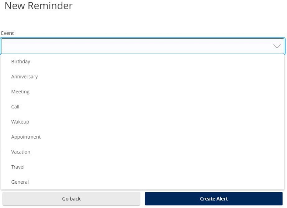New Reminder form with event options for Birthday, Anniversary, Meeting, Call, Wakeup, Appointment, Vacation, Travel, and General, plus Go Back and Create Alert buttons.