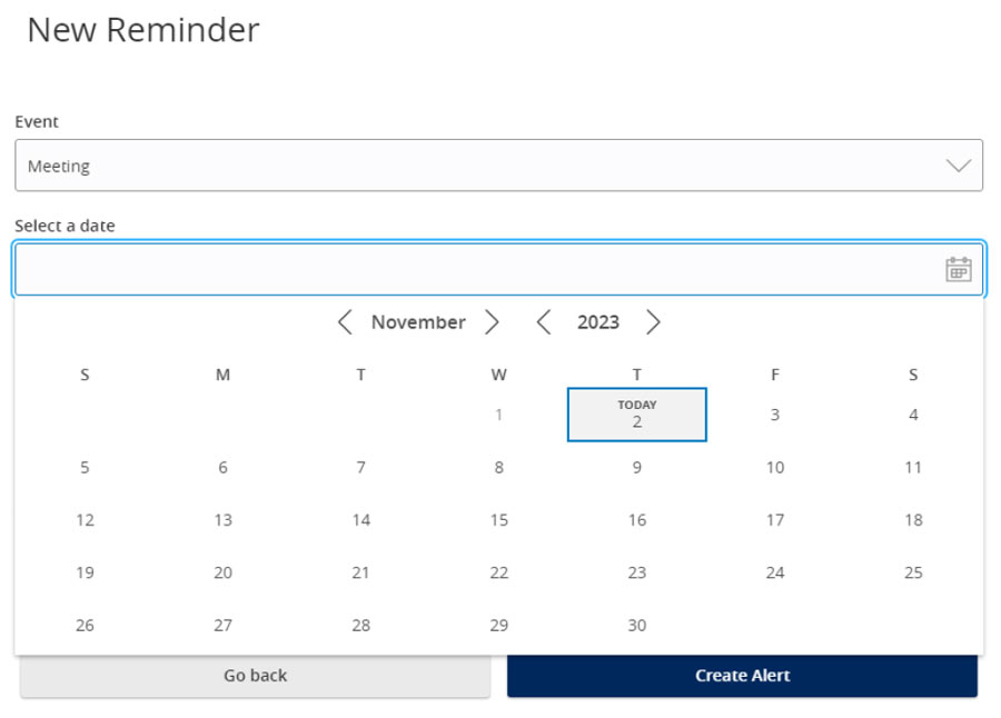 New Reminder form with Meeting selected and a date picker open to November 2023.