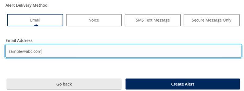Alert Delivery Method form with Email selected, an email address field, Go Back button, and Create Alert button.