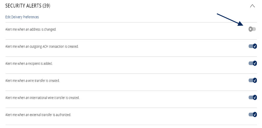 Security Alerts list with toggle controls and an arrow pointing to an alert toggle.