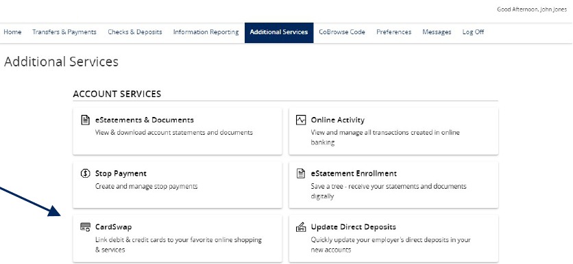 Additional Services button on the top menu bar showing CardSwap within Account Services.