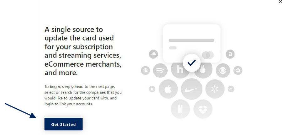 CardSwap introduction screen with Get Started button and graphic showing a payment card linked to merchant logos.