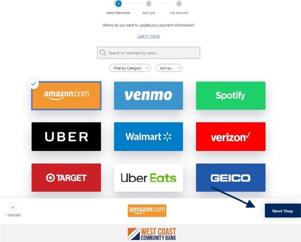 Select Merchants screen with merchant search, filter and sort dropdowns, merchant logos, Amazon selected, and Next Step button.