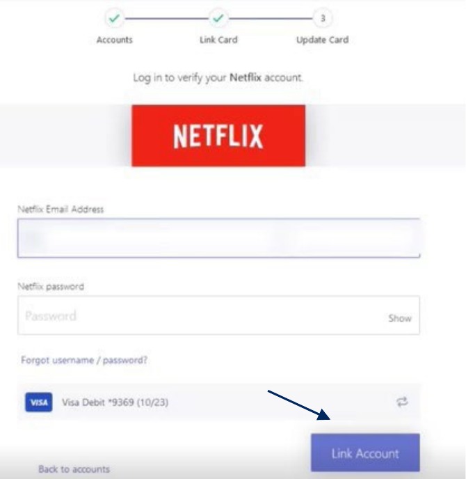 Netflix Link Card form with email, password, selected card, Link Account button, and Back to accounts option.