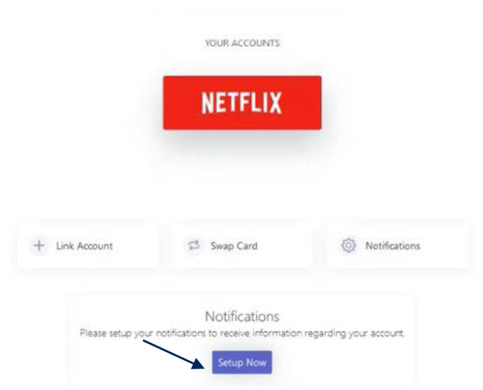 Netflix account screen with Link Account, Swap Card, and Notifications options.
