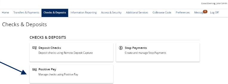 Top menu bar, with Checks and Deposits selected, and Positive Pay.