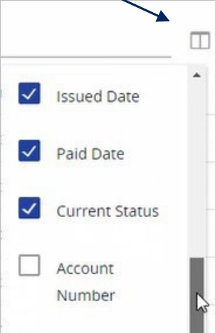Dropdown menu showing selectable invoice table columns including Issued Date, Paid Date, Current Status, and Account Number with checkboxes.
