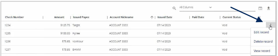 Data table showing payment records with columns for check number, amount, payee, account nickname, issued date, paid date, and current status, with an actions menu open displaying options to edit, delete, or view a record.