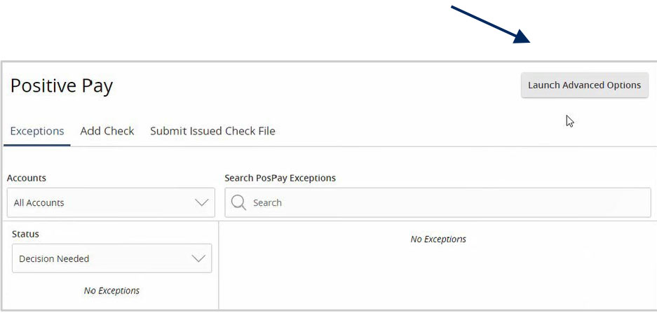Positive Pay screen with Launch Advanced Options button.