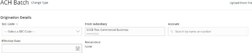 ACH Batch origination details including SEC Code, From Subsidiary, Account and Effective Date fields.