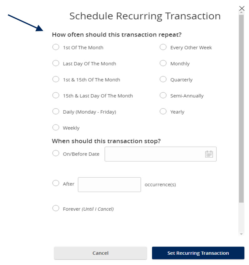 Recurring transaction schedule setup panel.