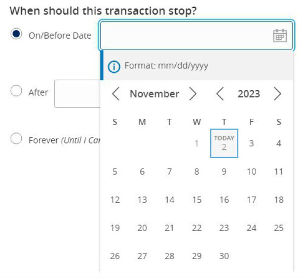 Recurring transaction frequency and stop date options.