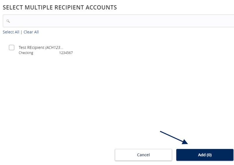 Select Multiple Recipient Accounts window with recipient selection options and Add button.