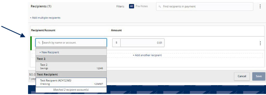 Recipient selection options including existing recipients and new recipient creation.