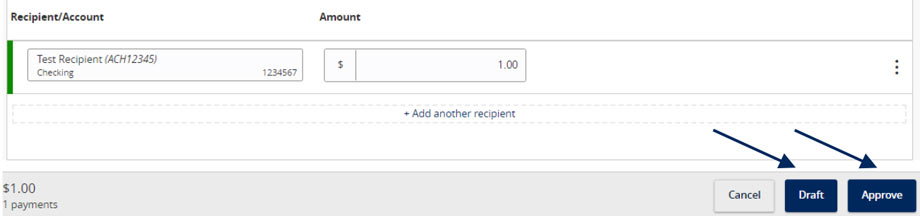 Final review screen with Draft and Approve transaction options.