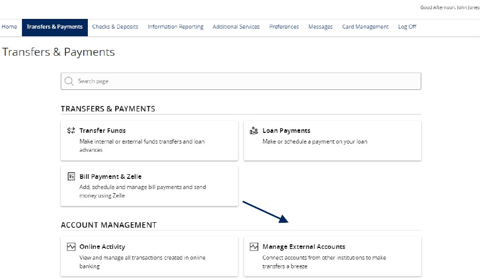 Transfers and Payments menu with Manage External Accounts selected.
