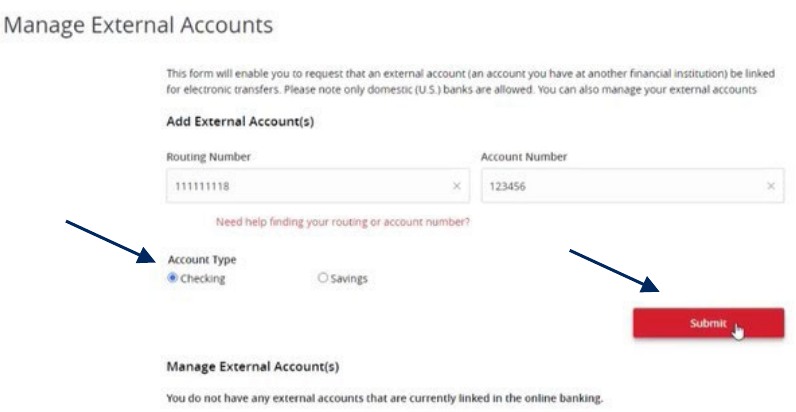 Add External Account form with account number, account type, routing number, and Submit button.